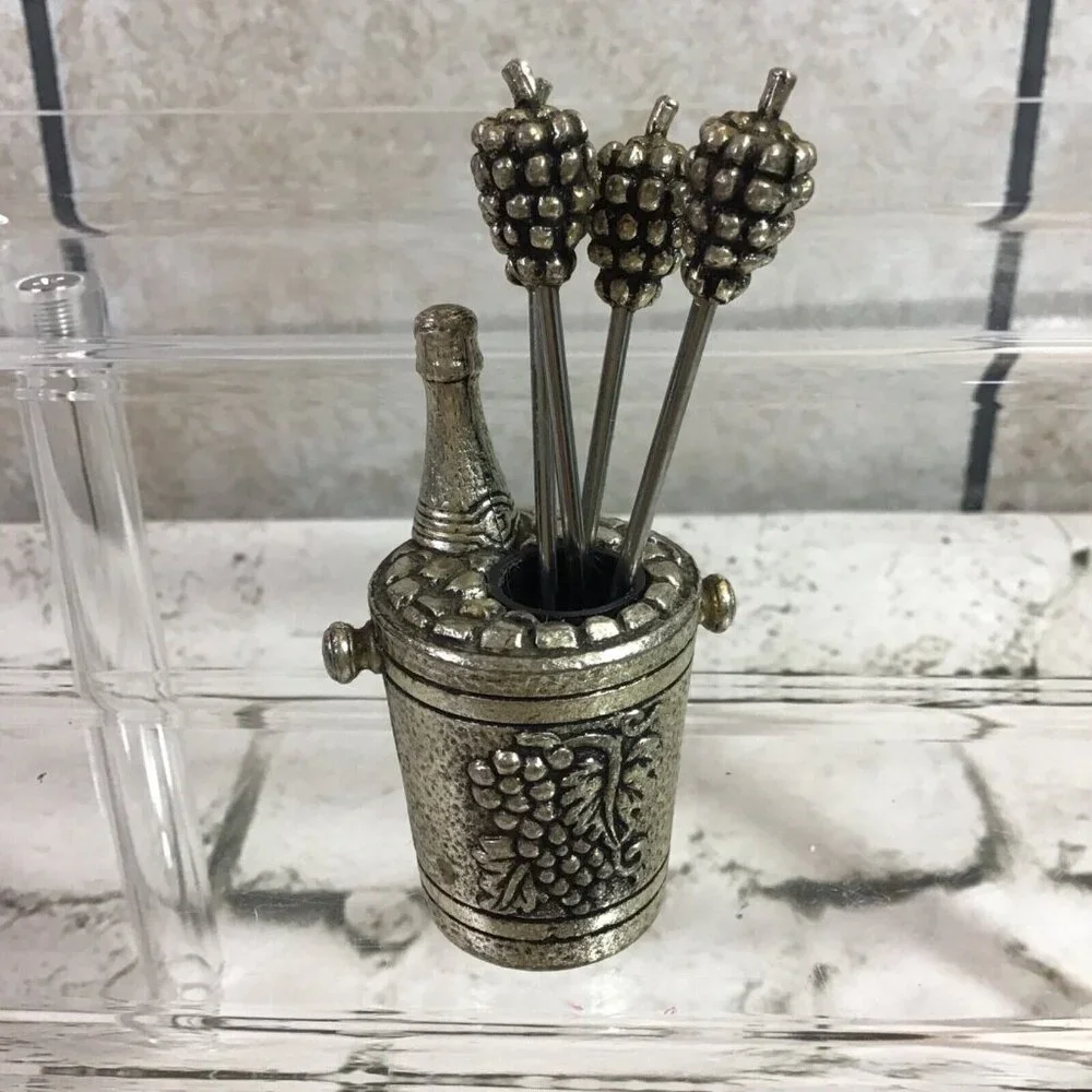 Vintage 1970’s Silver Plated Olive‎ Cocktail Fork Set Wine Bucket Grapes RARE